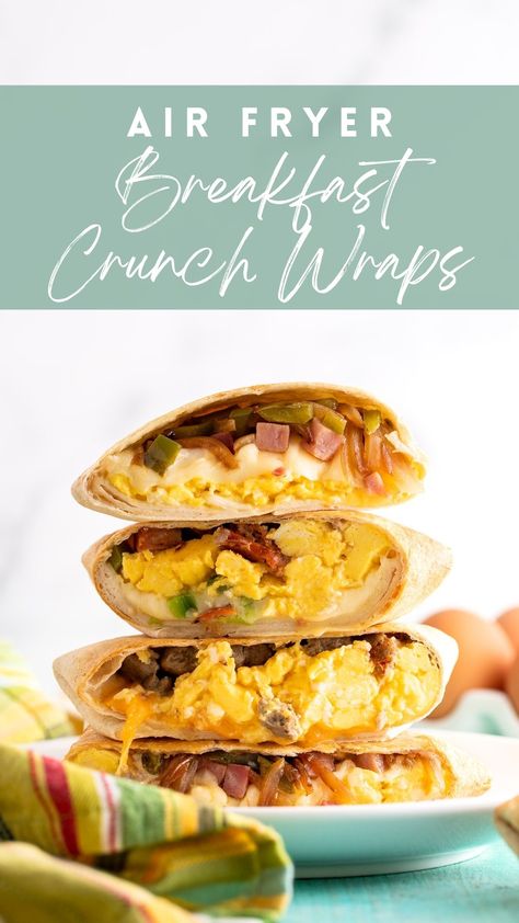 Air Fryer Breakfast Crunch Wraps - Peanut Butter and Fitness Freezable Breakfast, Healthy Breakfast Wraps, Airfryer Breakfast, High Protein Low Carb Breakfast, Breakfast Crunchwrap, Denver Style, Air Fryer Breakfast, Cheap Meal Plans, Crunch Wrap