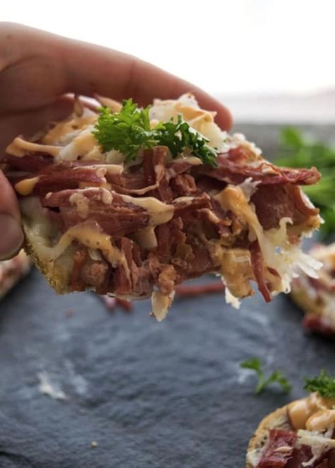 Open-Faced Reubens As An Appetizer or Easy Weeknight Dinner Ruben Sandwich, Open Faced Sandwich, Sandwich Wraps, Corn Beef And Cabbage, How To Make Sandwich, Easy Weeknight Dinner, Great Appetizers, Leftovers Recipes, Easy Weeknight