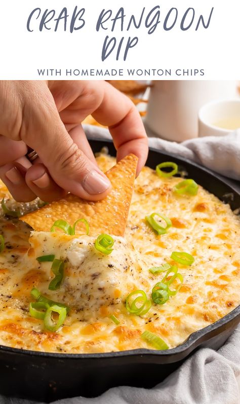 This crab rangoon dip is truly the BEST! It tastes just like the filling of crab rangoon, but with crispy wonton chips for dipping. Creamy, savory, and perfectly sweet, just like classic crab rangoon, this will become a favorite at parties at the very first bite. #crabrangoon #chinese #appetizer #entertaining Imitated Crab Rangoon Dip, Crab Dips And Appetizers, Crab Boil Appetizers, Crab Rangoon Dip Cold, Crab Ragoons Recipe Dip, Fall Dips And Appetizers, Cold Apps, Gluten Free Wonton Wrappers, Rangoon Dip