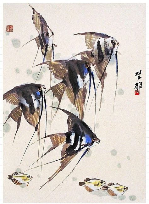 Vintage Fish Poster, Goldfish Art, Chinese Art Painting, Japanese Art Prints, Tinta China, Korean Art, Fish Painting, Art Collage Wall, Chinese Painting