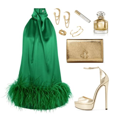 Platform Outfit, Green Dress Outfit, Seasonal Outfits, Rain Fashion, Feather Touch, Vacation Outfits Women, Gold Outfit, Glam Outfit, Outfit Layout