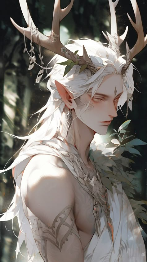 Elf With Antlers, Man With Antlers, Elven King, Npc Ideas, Cute Moth, Webtoon Art, Elf King, Elf Man, Book Vibes