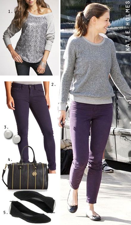 Gray and Eggplant...need to wear this combo.  Have this in my closet! Purple Top Outfit, Purple Pants Outfit, Grey Pants Outfit, Katie Holmes Style, Sequined Sweatshirt, Designer Looks, Purple Jeans, Purple Pants, Fall Pants