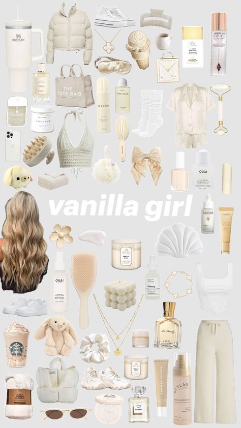 Vanilla Beige Aesthetic, Vanilla Clean Girl Aesthetic, Vanilla Girl Vision Board, Clean Girl Accessories, Clean Girl Wishlist, Clean Vanilla Girl Aesthetic, Girly Stuff Aesthetic, It Girl Must Haves, Clean Girl Products