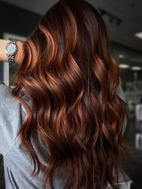 Red Highlights on Brown Base Red Highlights In Brown Hair, Balayage Hair Ideas, Balayage Hair Copper, Balayage Straight Hair, Balayage Long Hair, Chestnut Brown Hair, Coffee Hair, Ash Blonde Balayage, Hair Adviser