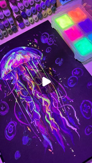 Diep Ly on Instagram: "Slay jellyfish in the night 💜😈🌟.Grateful to @miyaarts for this enchanting glow. The outcome is simply stunning, and this whole experience feels so fresh to me. I’ve developed a newfound love for glow paints, haha! 😻. If you have any questions about the new glow gouache please comment below 👇
.
#art #gouache #gouachepainting #himigouache #jellyfish #artreels #reels #reelsinstagram #reelsvideo #aesthetic #ａｅｓｔｈｅｔｉｃ" Jellyfish Drawing Aesthetic, Painting Jellyfish, Himi Gouache, Jellyfish Drawing, Glow Paint, Art Gouache, Sketchbook Journal, Work Study, Study Tools