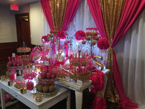 Hot Pink and Gold Wedding Party Ideas | Photo 1 of 8 | Catch My Party Hot Pink And Gold Wedding, Chocolate Candy Apples, Pink And Gold Curtains, Wedding Sweets Table, Gold Wedding Party, Pink Candy Buffet, Sweets Table Wedding, Hot Pink Decor, Pink Birthday Decorations