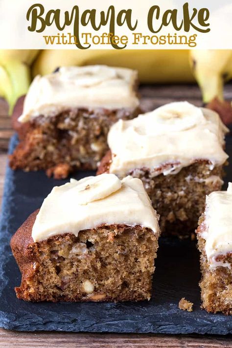 Banana Cake with Toffee Frosting - A deliciously moist banana cake with a rich toffee frosting. It's also easy to make and the perfect way to use up those brown bananas! Toffee Frosting, Brunch Recipe Ideas, Pops Recipes, Moist Banana Cake, Brown Bananas, Indulgent Recipes, Christmas Brunch Recipes, Simply Stacie, Easy Cakes