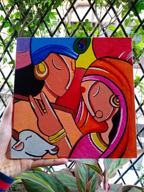 Radha Krishna Art Easy, Mini Canvas Art God, Krishna Drawing On Canvas, Krishna Painting Simple, Madhubani Canvas Paintings, Indian Paintings Easy, Krishna Painting Abstract Canvases, Abstract Painting Of God, Krishna Easy Painting