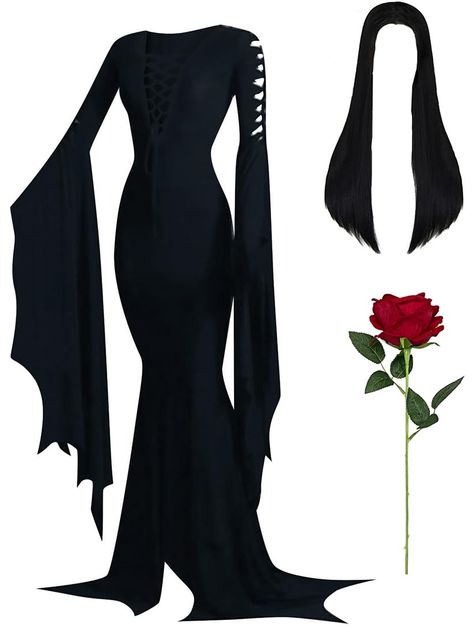 PRICES MAY VARY. Package includes: Dress+Wig +Roses, As shown in the picture Full Set. Material: Polyester +Uniform Cloth. Occasion:Suitable for halloween cosplay, theme dress up party, birthday party, tea party, photoshoot, stage performances, masquerade and daily wear, etc. It's also a great gift for morticia fans. ﻿ Women's Morticia Costume Morticia Cosplay Floor Dress Costume Adult Women Gothic Witch Vintage Dress with Wig Red Roses Flowers Full Set for Halloween. Size: US Women's Size. Plea Professional Halloween Costumes For Work, Halloween Costumes Closet, Grim Reaper Costume Women, Medusa Halloween Costumes, Malifisenta Costume, Villain Costumes Female, Halloween Costumes Work Appropriate, Professional Halloween Costumes, Morticia Costume