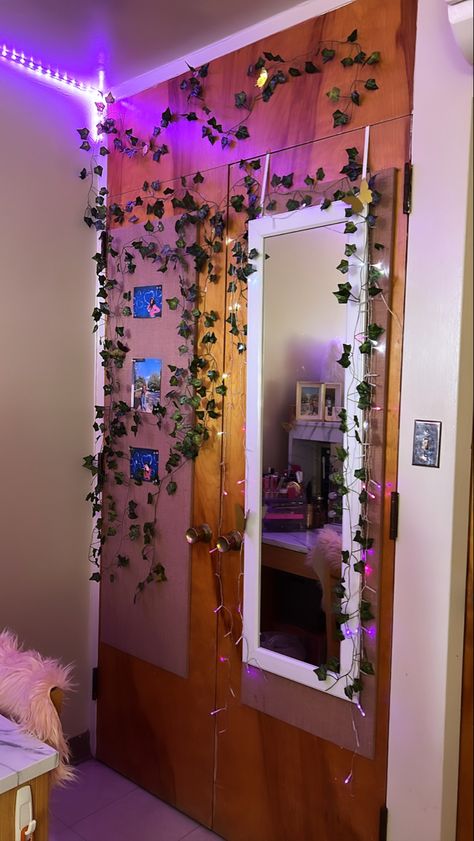 Vine Mirror Decor, Fake Vines Around Mirror, How To Arrange Fake Vines In Room, Plant Vine Around Mirror, Fake Vines Decor Bedroom Ceiling Corner, Mirror Gold, Gold Mirror, College Dorm, Vanity Mirror