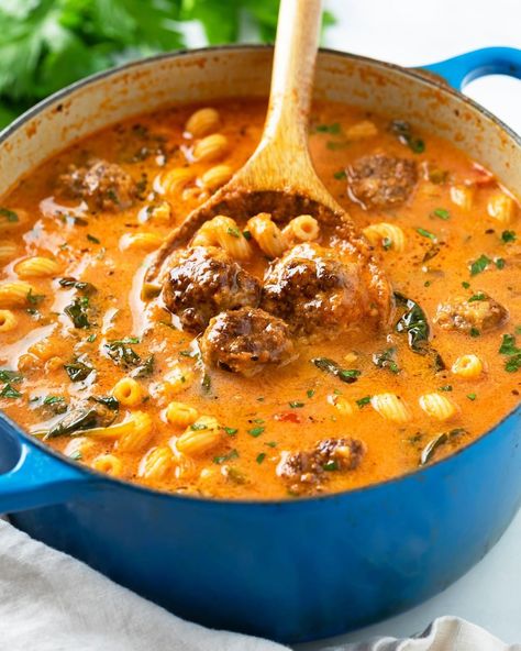 Stephanie Melchione (@thecozycook) posted on Instagram: “This NEW Meatball Soup recipe is CO-ZEE! ❤️ The meatballs start out with a panade, which is a starch (breadcrumbs) and a liquid (heavy…” • Oct 20, 2021 at 1:06pm UTC Sausage Potato Soup, Meatball Soup Recipes, Creamy Mushroom Pasta, Pork Soup, Chicken Enchilada Soup, Wedding Soup, Meatball Soup, Winter Soups, Soup Season