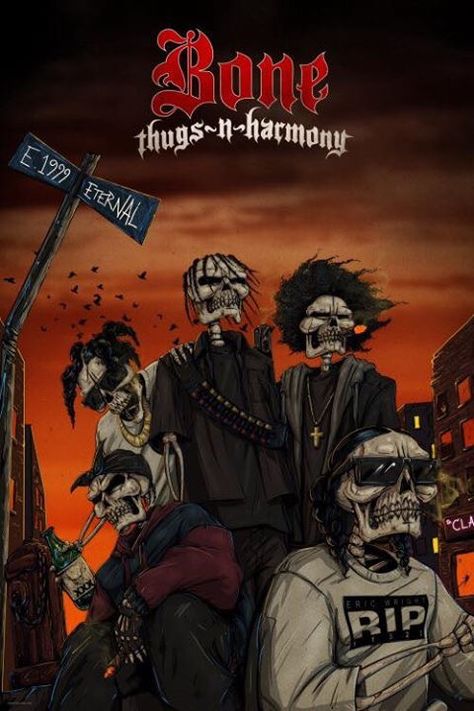 B.O.N.E. bka Bone Thugs n Harmony Bone Thugs N Harmony, Harmony Tattoo, Gangsta Rap Hip Hop, Skateboard Ideas, Dope Cartoons, Hip Hop Artwork, Hip Hop Poster, Lowrider Art, Chicano Tattoo