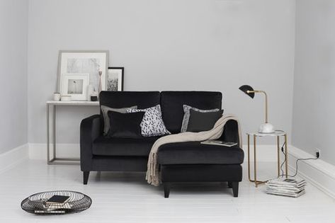 'Truth'    lounger in black velvet, £649, DFS. Photo: © DFS Sofa Bed For Small Spaces, Small Sofa Bed, Beds For Small Spaces, Grey Corner Sofa, Mini Sofa, Compact Sofas, Minimalist Sofa, Sofas For Small Spaces, Sofa Bed Design