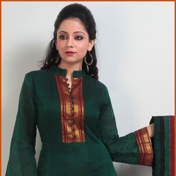 Dark Green Handloom South Cotton Churidar Suit South Cotton Kurti Design, South Cotton Suit Designs, Lehenga Silk, Designer Indian Suits, Preschool Phonics, Cotton Churidar, Churidar Neck, Indian Suits For Women, Silk Kurti Designs