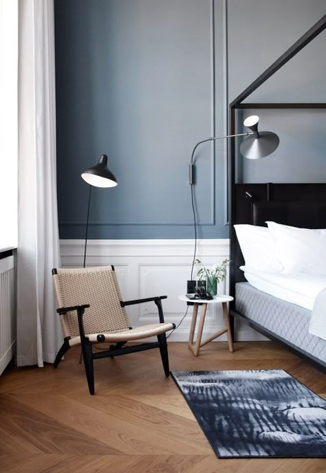 Bedroom Blue Panelling, Hotel Room Design Colorful, Blue Hotel Room, Radisson Blu Royal Hotel Copenhagen, Copenhagen Hotel, Scandi Design, Interior Minimalista, Blue Rooms, Scandinavian Interior