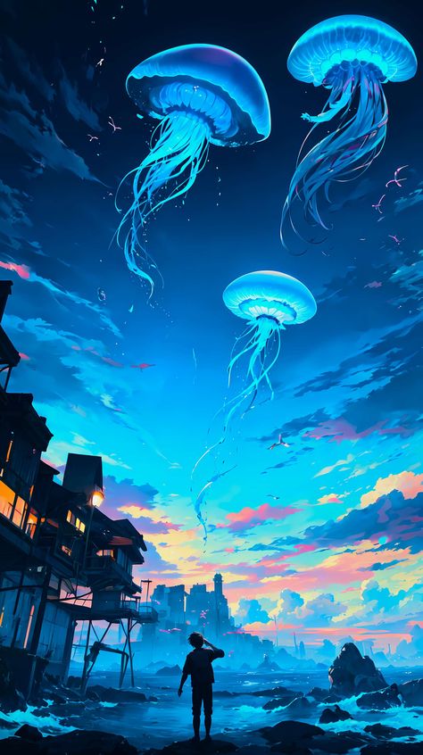 By Inno_Squirrel - Pixiv 60823635  AI generated illustration jellyfish wallpaper sea background sky scenery Sky Jellyfish, Backgrounds For Android, Jellyfish Wallpaper, Sky Scenery, Fantasy Inspo, Jellyfish Illustration, Wallpaper Prints, Flying In The Sky, Background Sky