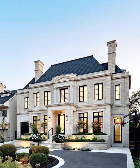 French Home Exterior, French House Design, Big Houses Exterior, White Colonial House, Modern French Home, French Transitional, Big Modern Houses, English Houses, French Style Homes