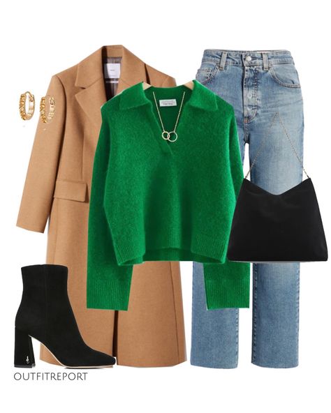 Virtual styling outfit in green knit sweater jumper, camel coat jacket, black handbag, blue denim jeans, black heeled booties boots and golden earrings jewellery Follow my shop @outfitreport on the @shop.LTK app to shop this post and get my exclusive app-only content! #liketkit #LTKunder100 #LTKshoecrush #LTKstyletip @shop.ltk https://liketk.it/3Xa66 Green Knitted Sweater Outfit, Green Handbag Outfit, Green Jumper Outfit, Green Sweater Outfit, Green Top Outfit, Christmas Party Outfit Ideas, Casual Christmas Party, Camel Outfit, Casual Christmas Party Outfit