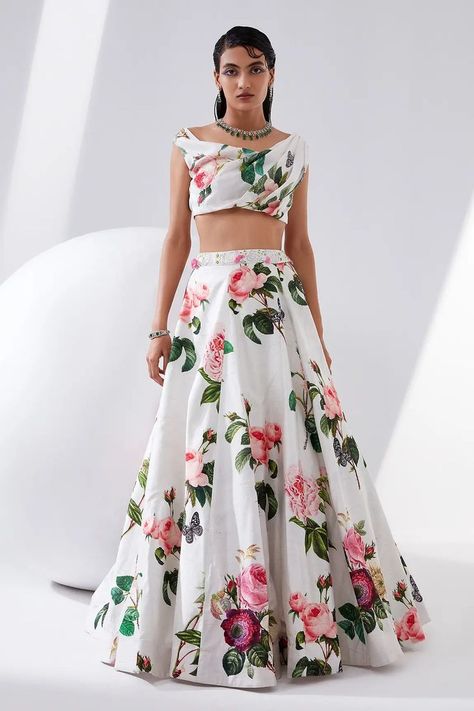 Ivory Raw Silk Peony Printed Lehenga with Botanical Print, Embroidered Waistband and Draped Crop Top Set Floral Lehenga Crop Tops, Lehenga White, Full Sleeve Crop Top, Ivory Lehenga, Lehenga Crop Top, Crop Top Lehenga, Printed Lehenga, Floral Lehenga, Lehnga Dress