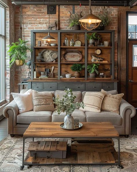 How to Blend Modern and Rustic with Industrial Farmhouse Decor • 333+ Art Images Industrial And Farmhouse Decor, Industrial Farmhouse Furniture, Rustic Modern House Design, Basement Cottage Style, Cottage Core Industrial, Modern Rustic Living Room Apartment, Rustic Den Decor, Industrial Farmhouse Inspiration, Industrial Country Home