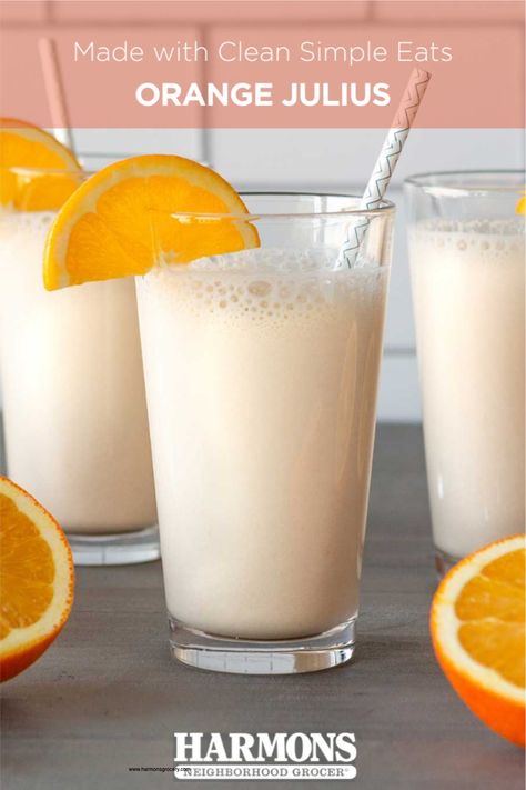 Orange Julius made with Clean Simple Eats Vanilla Protein Powder and Super Collagen Mix! 🍊 You will need... - 1/2 cup unsweetened almond milk - 1/2 cup Harmons orange juice - 1 serving Clean Simple Eats Simply Vanilla Protein Powder - 1 serving Clean Simple Eats Super Collagen Mix - 3/8 cup frozen banana slices - 1/2 cup ice cubes #MyHarmons Orange Julius Protein Smoothie, Protein Orange Julius, Orange Julius Protein Shake, Clean Simple Eats Protein Shake Recipes, Clean Simple Eats Recipes Shakes, Clean Simple Eats Protein Shake, Vanilla Protein Recipes, Vanilla Protein Shake Recipes, Easy Protein Shakes