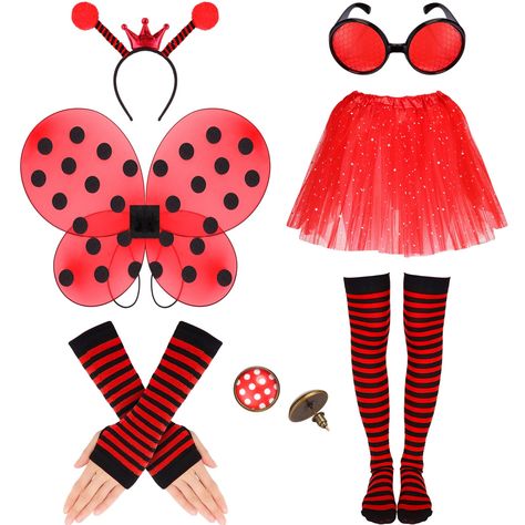 PRICES MAY VARY. Fantastic Ladybug Costume: you will receive lady bug dress up set with wings including antenna headband, glasses, ladybug wings, red yarn skirt with shine, striped socks, red sleeves and polka dot earrings, complement the ladybug theme Adorable Cosplay Set: this ladybug costume for women will transform you into a captivating little ladybug; The package includes a ladybug wing, red striped sleeves, antenna ladybug headband, ladybug glasses, and a red yarn skirt with shine; All th Lady Bug Dress, Bee Costumes, Insect Dress, Ladybug Headband, Antenna Headband, Ladybug Wings, Ladybug Tutu, Yarn Skirt, Cosplay Fairy