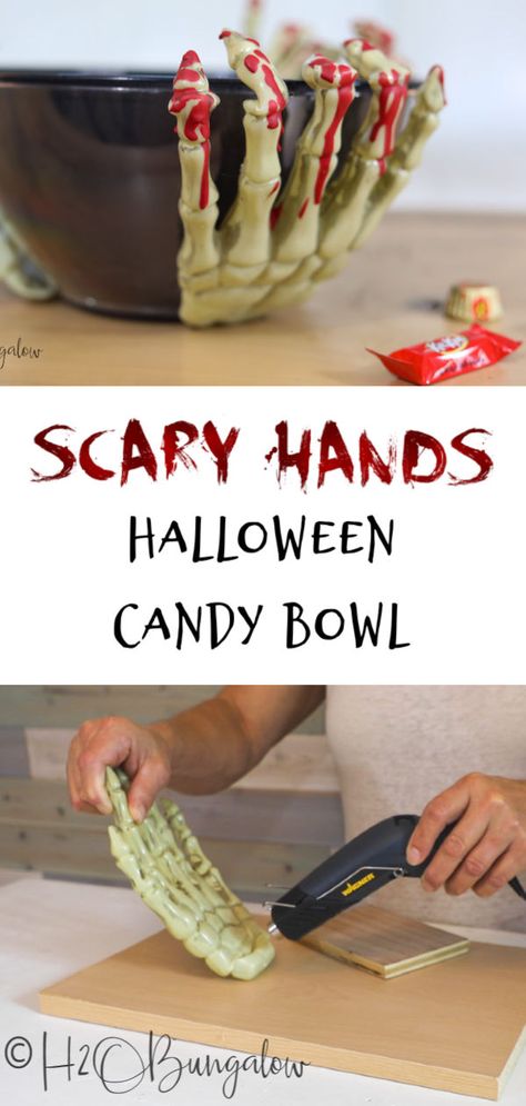 Greet your trick or treaters with a spooky DIY Halloween candy bowl or serve up a scary serving dish filled with chips or food at your next party! Easy to make halloween decor with video tutorial. #halloween #party Inexpensive Halloween Decorations, Diy Halloween Candy, Spooky Diy, Spooky Candy, Halloween Candy Bowl, Hand Candy, Diy Dish, Diy Bowl, Trick Or Treaters