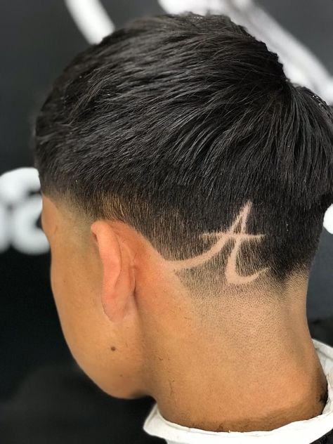 Taper Fade With Letter Design, Heart Design Haircut Men, Letter A Haircut Design, A Initial Haircut Design, Edgar Haircut With Design, A Haircut Design, Back Taper Design Haircut, Boys Hair Style, Hair Designs For Boys