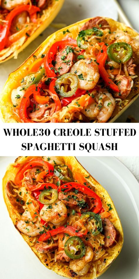 Whole30 Creole Stuffed Spaghetti Squash - The Bettered Blondie Stuffed Spaghetti Squash, Recipes Whole 30, Migraine Diet, Whole30 Diet, Gluten Free Dinner Recipes, Whole30 Dinner Recipes, Keto Dinner Ideas, Whole30 Dinner, Food Easy Recipes