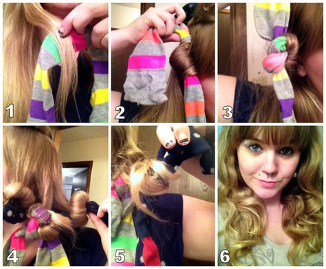 No heat sock curls: 1. Take a section of slightly damp hair and a sock 2. Roll up the section of hair with the sock 3. Tie the ends of the sock together 4. Roll up the rest of your hair with socks 5. After a night's sleep, untie and unroll the socks 6. Finished product. Curls without the heat damage! How Do You Curl Your Hair With Socks, How To Roll Your Hair With Socks, How To Make Your Hair Curly With Socks, How To Curl Ur Hair With Socks, Hair With Socks, Overnight Curls With Wet Hair Sock, Sock Bun Curls, Sock Curls, Curl Your Hair