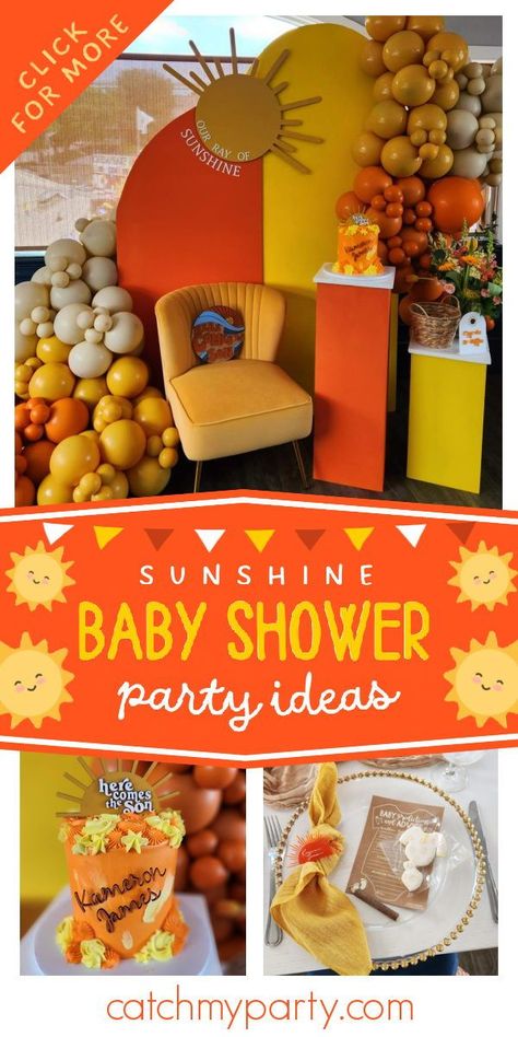 Feast your eyes on this lovely sunshine-themed baby shower! The cupcakes are fantastic! See more party ideas and share yours at CatchMyParty.com Here Comes The Son Baby Shower Theme Boy, Sunshine Table Centerpieces, Here Comes The Sun Baby Shower Centerpiece, Sunshine Food Ideas, Here Comes The Son Desert Table, You Are My Son Shine Baby Shower Ideas, You Are My Sunshine Baby Shower Boy, Sun Centerpiece Ideas, Sunshine Baby Shower Ideas