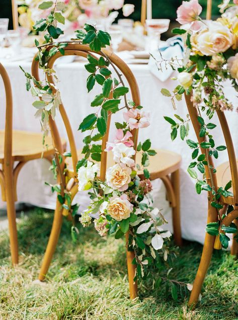 Bride And Groom Chair Flowers, Flowers On Chairs Wedding, Chair Covered In Flowers, Chair Florals Wedding, Chair Floral Arrangements, Ceremony Chair Flowers, Chair Flowers Wedding, Flowers On Chair, Venue Marketing