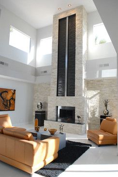 Extended Fireplace Waterfall - modern - living room - las vegas - Earth and Water Studios. I was just about ot comment that the two columns above the fireplace would be a nice water feature. and I see in the notes to the image that they are. brilliant! Contemporary Fireplace Designs, White Brick Fireplace, Tall Fireplace, Cozy Living Room Design, Living Room Photos, Contemporary Fireplace, Simple Room, Home Fireplace, Modern Fireplace