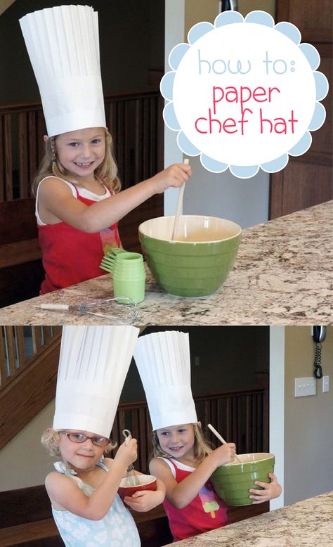 So adorable! The kids will want to help out in the kitchen if they get to wear these easy-to-make paper chef's hat! http://www.ehow.com/how_4761840_make-paper-chef-hat.html?utm_source=pinterest.com&utm_medium=referral&utm_content=inline&utm_campaign=fanpage Paper Chef Hats, Chef Outfit, Chef Hats For Kids, Chef Costume, Kid Chef, Chef Party, Tall Hat, Chef Hat, Diy Hat