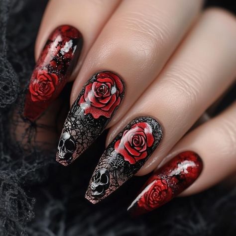 Black Rose Nails Acrylic, Black Rose Nail Design, Gothic Rose Nails, Bird Skull Nails, Bird Skull Nail Art, Gothic Rose, Rock Chick, Rose Nails, Nail Art