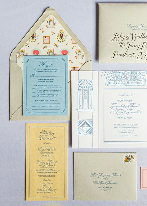 A Wes Anderson Themed, God Country Notre Dame Illustrated, Wedding Invitation — Loesch Studio Wes Anderson Invitation, Wes Anderson Wedding, Whale Theme, Wes Anderson Films, Sea Of Stars, English Wedding, Wes Anderson, Sacred Heart, Notre Dame