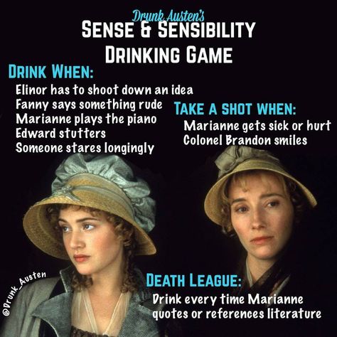 Sense and sensibility drinking game Pride And Prejudice Elizabeth, Movie Workouts, Bennet Sisters, Persuasion Jane Austen, Lady Susan, Sense And Sensibility, Jane Austin, Movies Worth Watching, Drinking Game