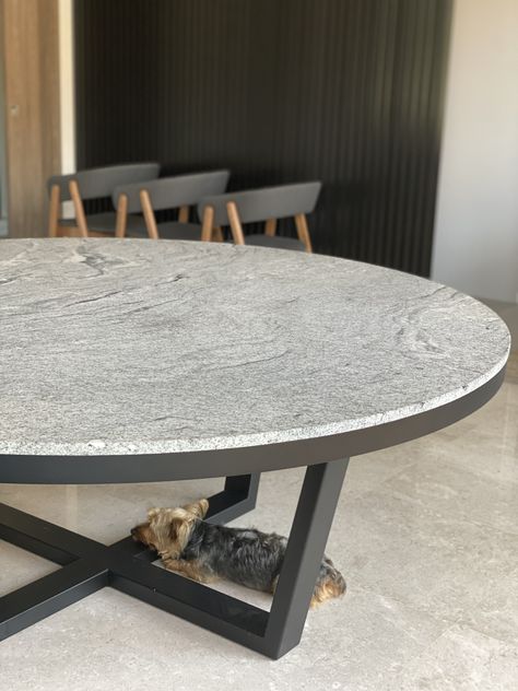 Round Dining Table made with Granite top, 2000DIA x 750H. Steel base.  Customise today! Round Stone Top Dining Table, Round Marble Top Dining Table Modern, Dining Table Granite Top, Round Granite Dining Table, Granite Top Table, Granite Top Dining Table, Granite Pots, 72 Inch Round Dining Table, Round Stone Table