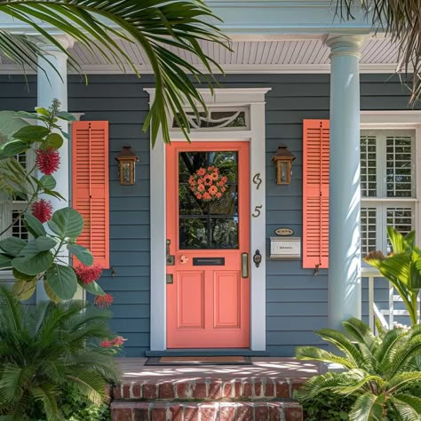 Pink Front Doors, Best House Paint Colors, Exterior Lake House, Coral Front Doors, Exterior Siding Options, Colorful Exterior, House Color Ideas, Red Roof House, House Paint Ideas