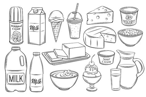 Victoria_sergeeva | Freepik Dairy Illustration, Cheese Drawing, Book Sketches, Whipped Yogurt, Yogurt Milk, Milk And Cheese, Dairy Products, Vector Hand, Design Display