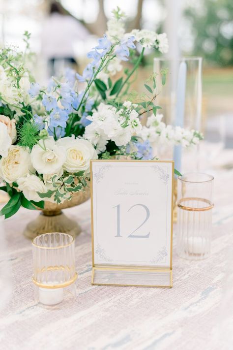 Table number. Hydrangea Wedding Centerpieces Simple, Blue And Gold Wedding Table Setting, Coastal Blue Wedding Decor, Light Blue Wedding Signage, Cocktail Wedding Flowers, Coastal Wedding Signage, Blue And White Flower Centerpieces, Wedding Table Scape Ideas, Hydrangea Centerpiece Wedding