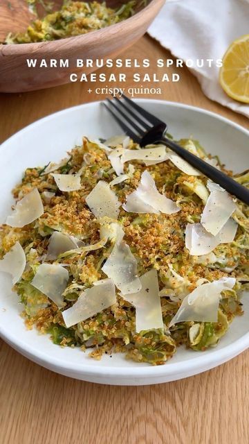 Madison Levins-Ireland on Instagram: "warm brussels sprouts caesar salad with crispy quinoa 🥗 lemme tell ya…crispy quinoa is a game changer 👏 honestly better then croutons imo! i’m trying to squeeze in every opportunity to eat brussels sprouts before transitioning to spring produce & this was a delish combo. personally, i like to roast the brussels sprouts so my body can digest them a little easier than raw…but you do you! just don’t forget the homemade tahini “caesar” dressing. i think tahini Brussels Sprout Quinoa Salad, Tahini Brussel Sprouts, Crispy Brussel Sprout Salad, Toasted Quinoa Recipes, Warm Brussels Sprout Caesar Salad, Warm Brussel Sprout Caesar Salad, Brussel Sprouts Quinoa, Crispy Brussel Sprout Caesar Salad, Cesar Salad Brussel Sprouts