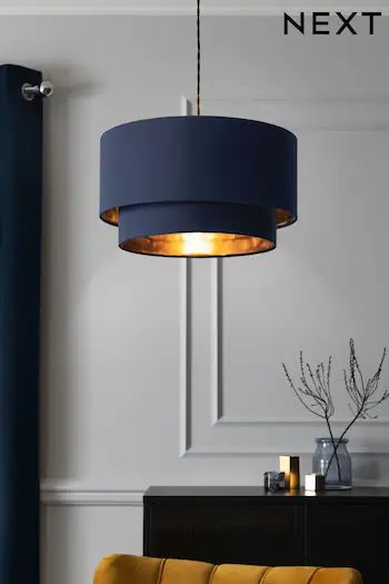 Ceiling Lights | Pendant & Flush Ceiling Lights | Next UK Blue And Gold Living Room, Navy Bedrooms, Navy Living Rooms, Navy And Copper, Blue Lamp Shade, Gold Living Room, Blue Lamp, Gold Bedroom, Pendant Lamp Shade