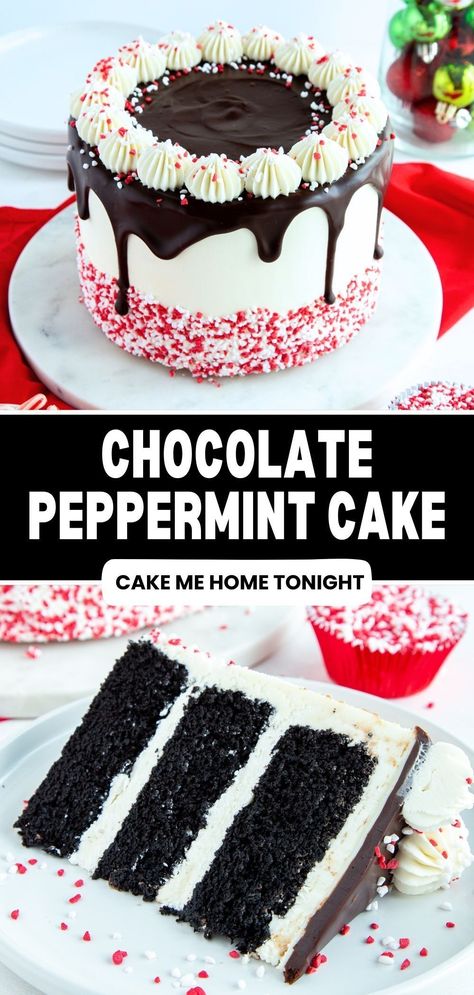 Dark chocolate cake, peppermint buttercream frosting, chocolate ganache, and peppermint sprinkles. Easy Christmas cake recipe. Chocolate Peppermint Cake, Peppermint Cake, Holiday Cake, Delish Recipes, Monkey Bread, Köstliche Desserts, Christmas Cooking, Holiday Cakes, Chocolate Peppermint