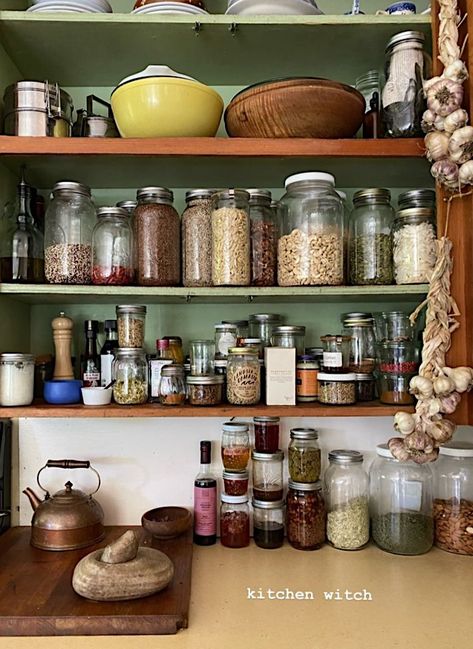 Glass Jar Aesthetic, Homesteading Aesthetic Kitchen, Mason Jars Aesthetic, Napkin Storage Ideas, Sourdough Storage, Rustic Fridge, Basket Organization Ideas, Shelf Decor Aesthetic, Organized Clutter