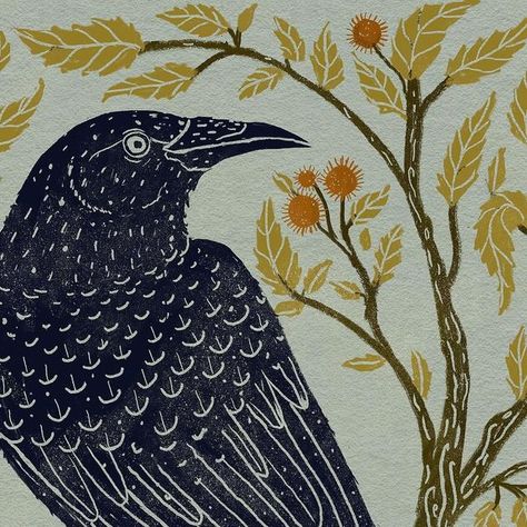 Kelly Louise Judd on Instagram: "Crow in a Chestnut Tree 🍂 . . . . . . . . . . #crowart #crow #crowillustration #art #illustration #printmaking #linocut #autumnart #octoberart #birdart #chestnuttree" Folk Art Crow, Printmaking Linocut, Chestnut Tree, Art Random, Jacket Embroidery, October Art, Painted Cupboards, Chestnut Trees, Crow Art