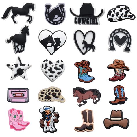 PRICES MAY VARY. 1.Package included 20pcs Shoe charms for croc . 2.Western Country Chamrs are made of pvc material. 3. These Charms are easy to install to shoe.. 4.They are great gift for Cowgirls . Western Country Shoe Charms Cow Horse Animals Shoes Accessories Pins Cowgirls Party Favors Gift Cowgirl Party Favors, Croc Pins, Country Animals, Crocs Charms, Cow Horse, Country Shoes, Animal Shoes, Country Stuff, Cowgirl And Horse