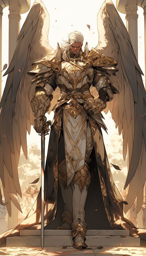 Male Aasimar Character Design, Angel Knight Art, Variant Aasimar, Fantasy Dragon Knight, Angel Art Male, Oath Of Redemption Paladin, Aasimar Rpg, Warrior Angel Art, Fantasy God Concept Art