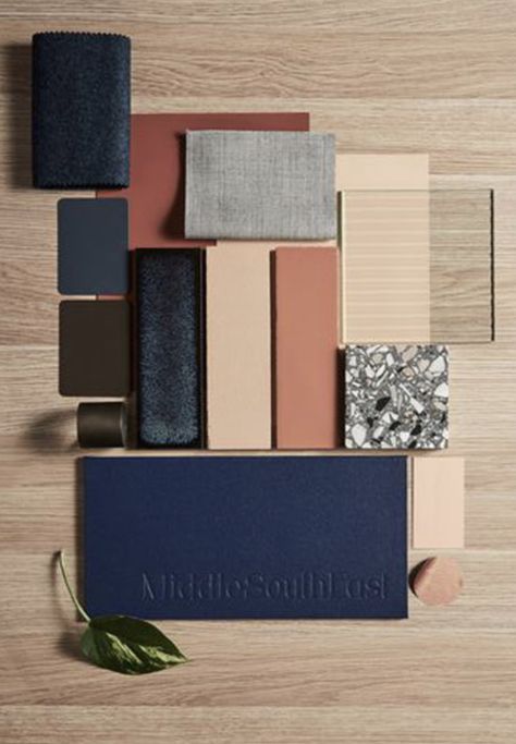 Blue And Tan Interior Design, Workshop Interior Design Ideas, Navy Blue And Copper Bedroom, Navy And Peach Living Room, Blue Sofa Living Room Colour Schemes Color Pallets, Vintage Jewel Tone Living Room, Blue Navy Color Palette, Blue Interior Color Palette, Light Wood Color Palette